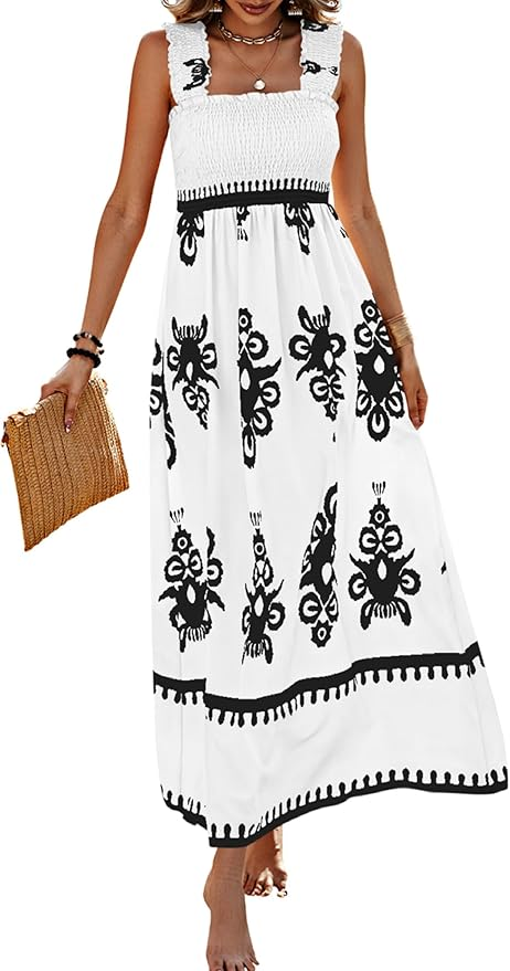 Sleeveless Square Neck Floral Smocked Beach Dress