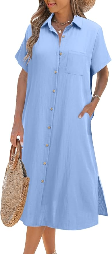 Short Sleeve Button Down Shirt Dress, Summer Outfits Amazon