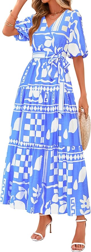 Puff Sleeve Belted Maxi Dress with Fun Modern Print