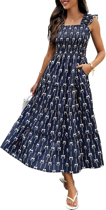 Bow Print Navy Maxi Dress