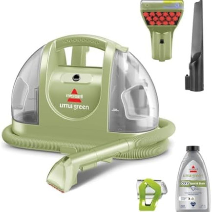 Compact green Bissell portable carpet and upholstery cleaner