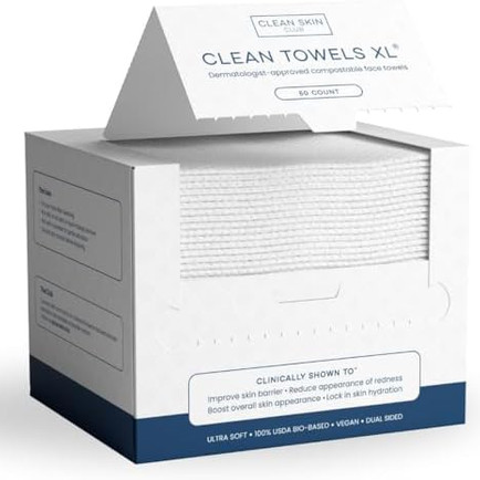 Box of Clean Skin Club disposable XL face towels.