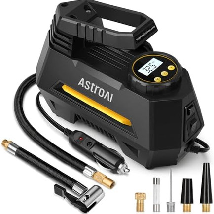 Portable AstroAI tire inflator with hose and cord.