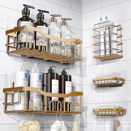 Set of stainless steel adhesive shower caddies with storage shelves.