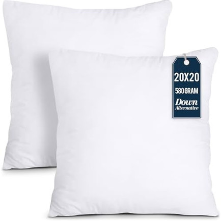 Two white square pillow inserts for decorative covers.