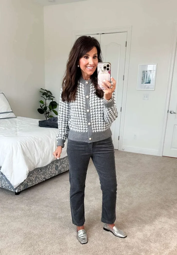 GRAY AND WHITE HOUNDSTOOTH CARDIGAN STYLED FOR FALL
