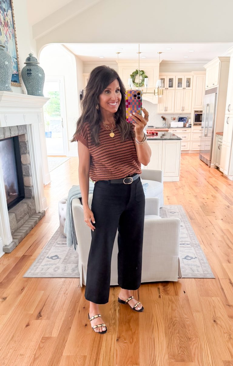 A BROWN AND BLACK PATTERNED TOP FROM AMAZON STYLED BY A WOMAN OVER 50 FOR FALL
