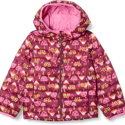 PINK PUFFER GIRL TODDLER JACKET WITH MUSHROOMS ON IT FROM AMAZON