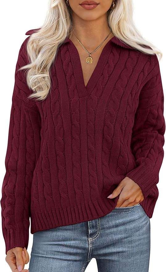 Burgundy Cable Knit Polo Style Sweater from Amazon for fall and winter