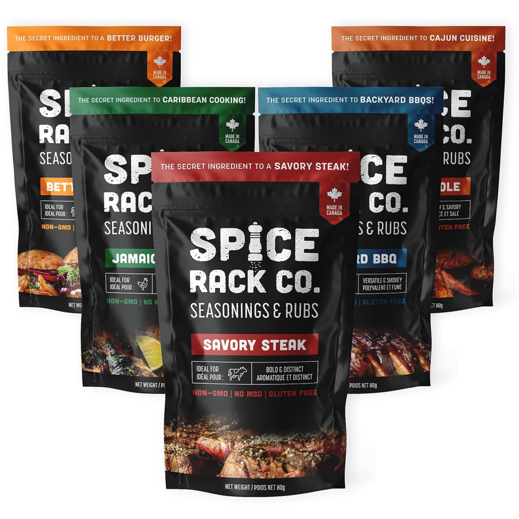 Spice Rack Co five-pack BBQ seasoning and rub set.