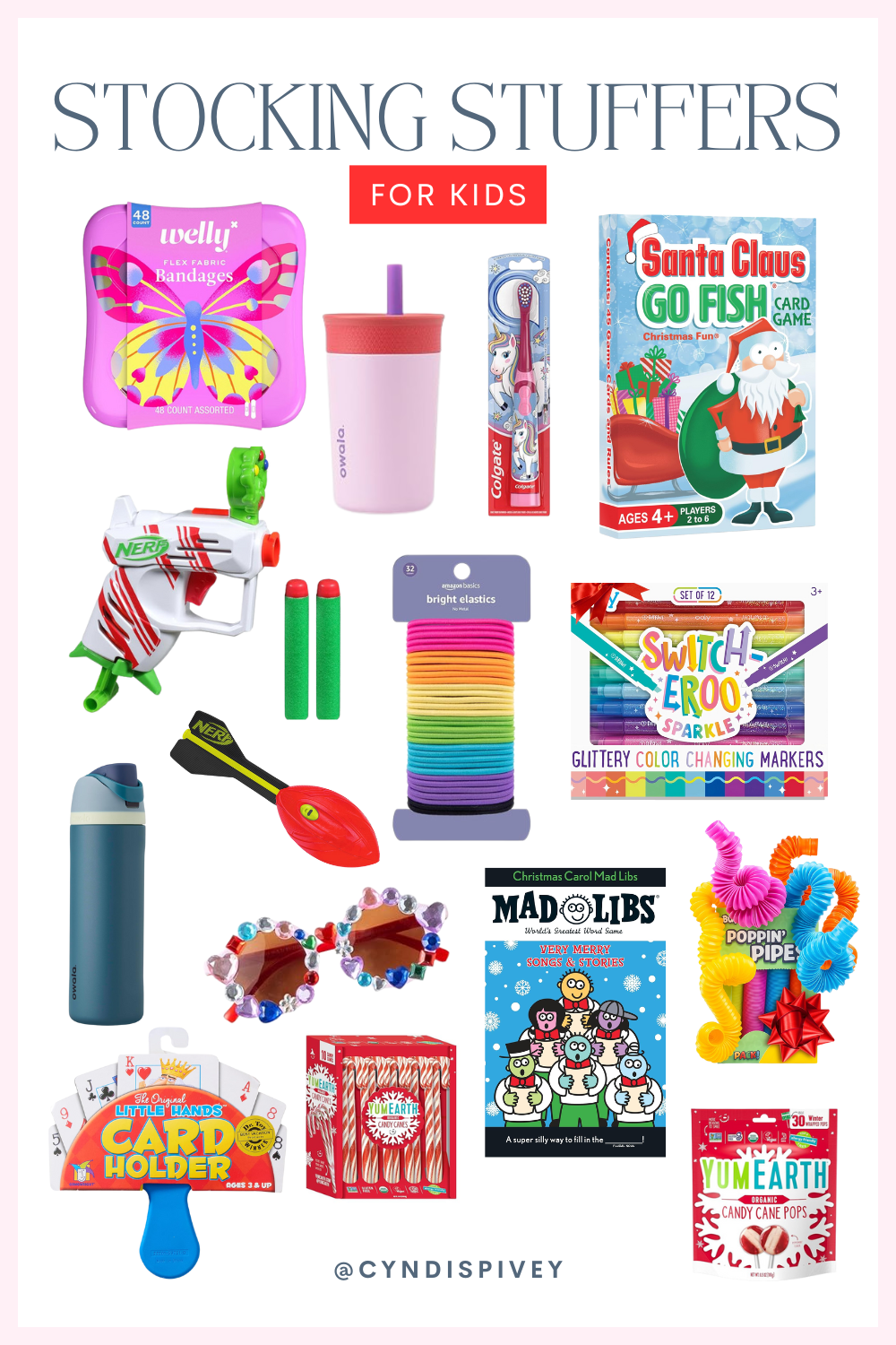 Collage of Amazon stocking stuffer ideas for kids, including toys, games, markers, sunglasses, water bottle, and fun holiday treats.