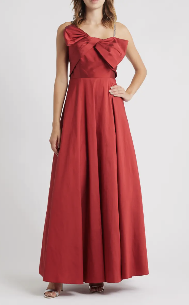 Rhinestone Strap Bow Gown Winter Formal Wedding Guest Dress