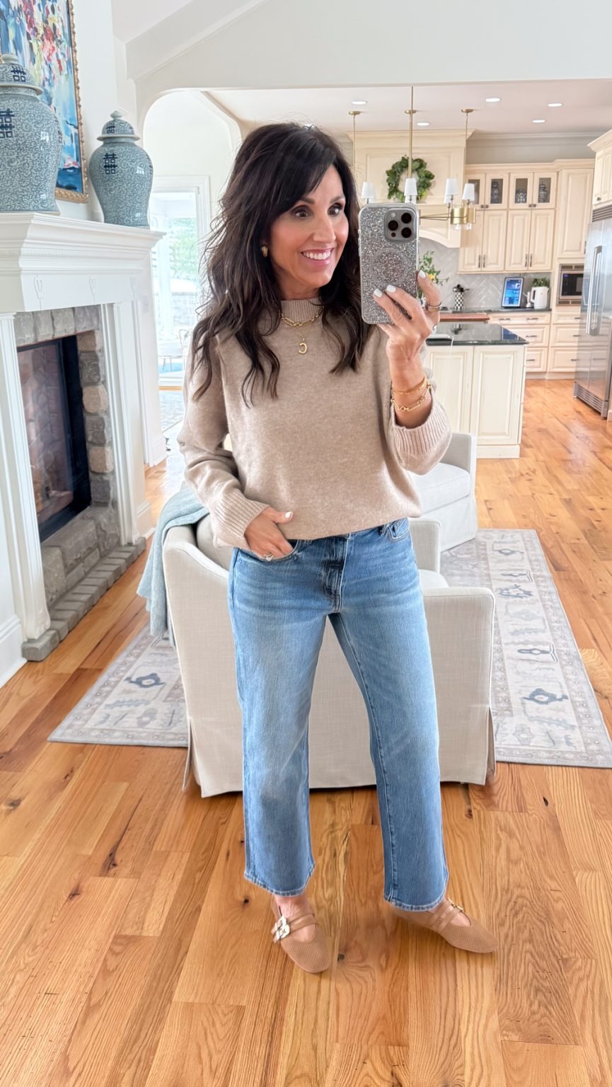 Cyndi Spivey wearing a Quince outfit from a popular blog post where she talks about the brand.