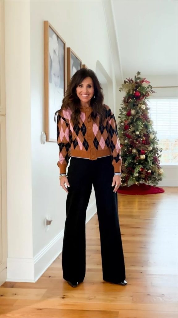 Cyndi Spivey wearing black wide-leg ponte pants styled with a simple top for an everyday outfit.