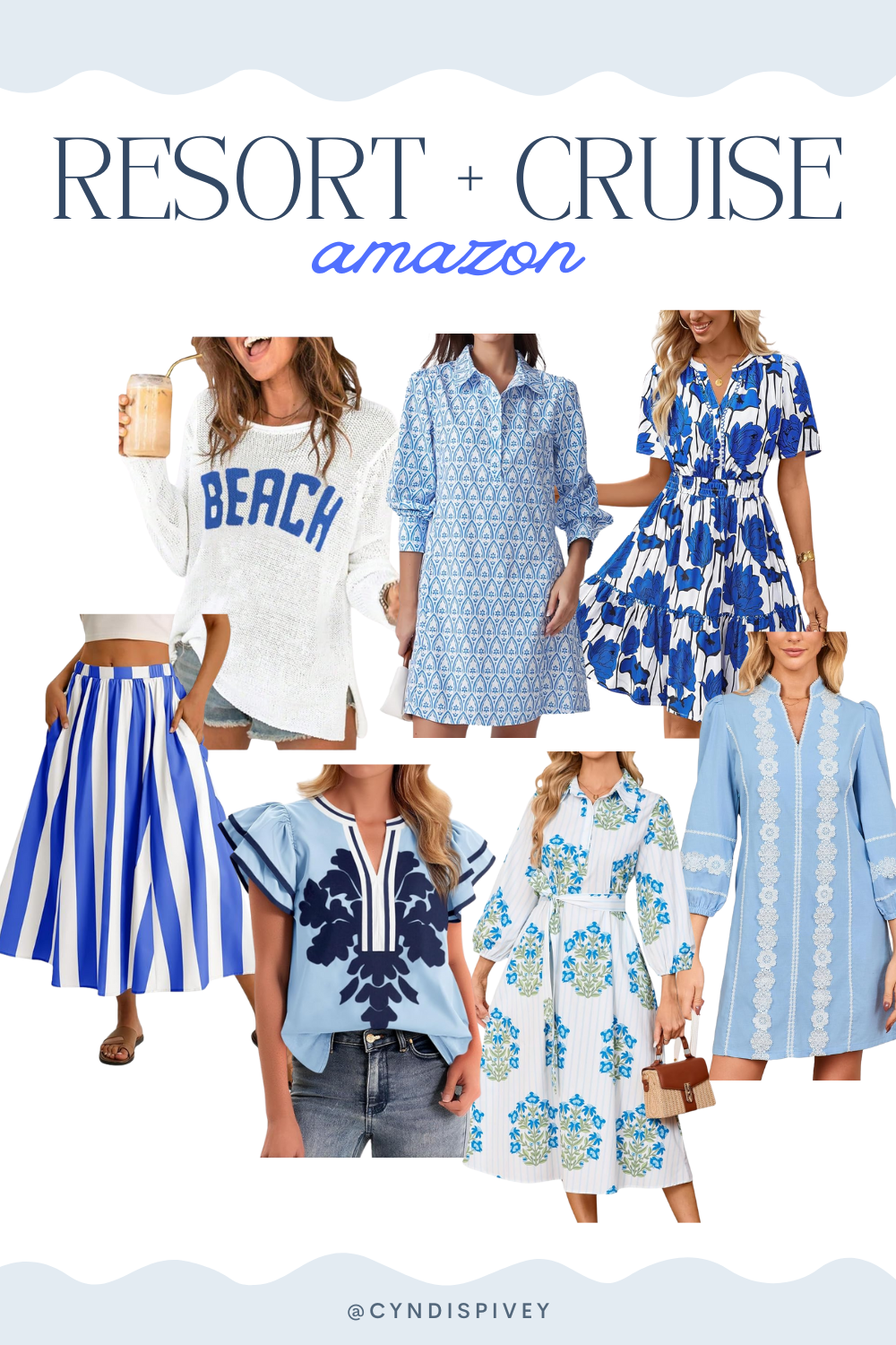 A collection of blue and white Amazon resort outfits for 2026, including beach sweaters, floral sundresses, striped skirts, and embroidered dresses.