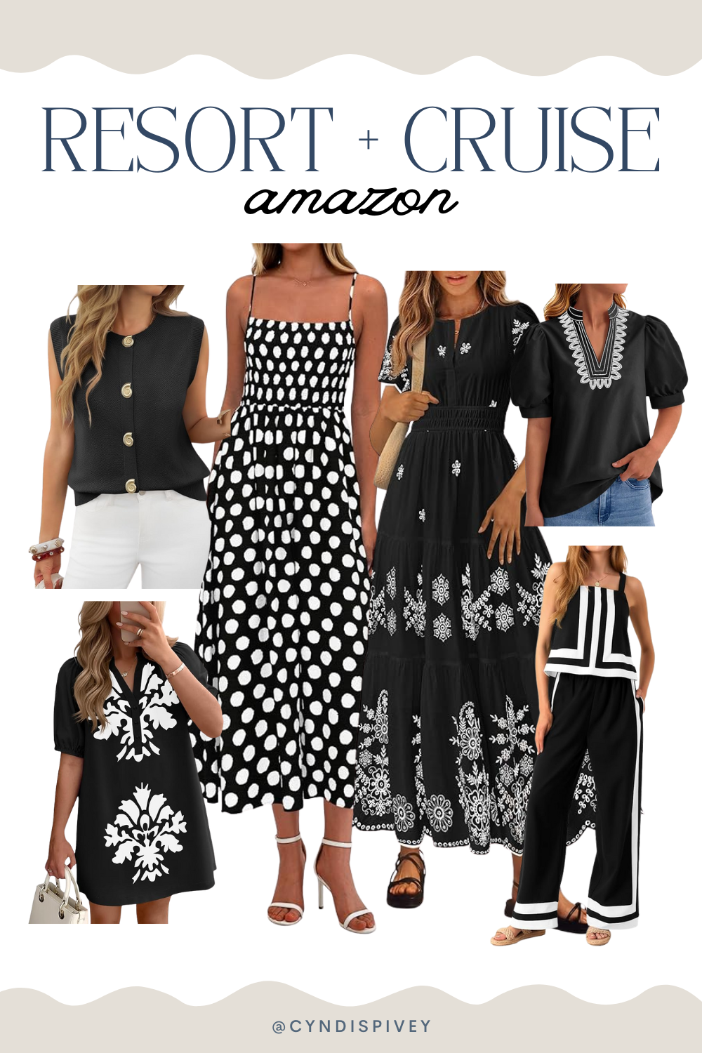 A collage of black and white Amazon resort and cruise outfits including embroidered maxi dresses, polka dot prints, two-piece sets, and sleeveless tops.