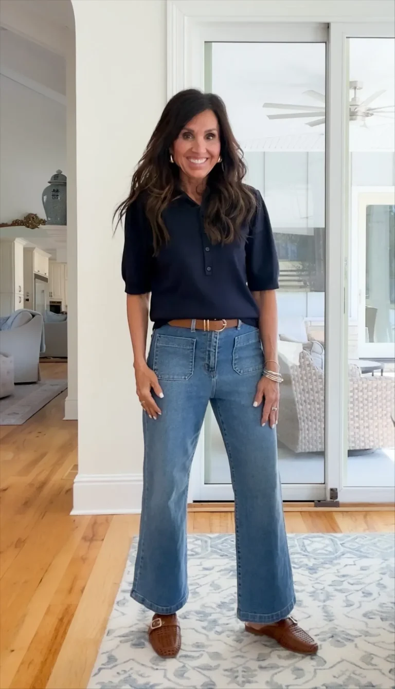 Cyndi wearing a short sleeve sweater