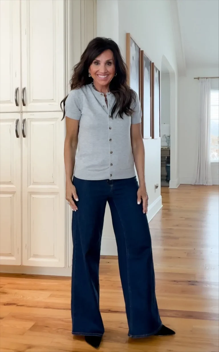 Cyndi wearing a short sleeve sweater