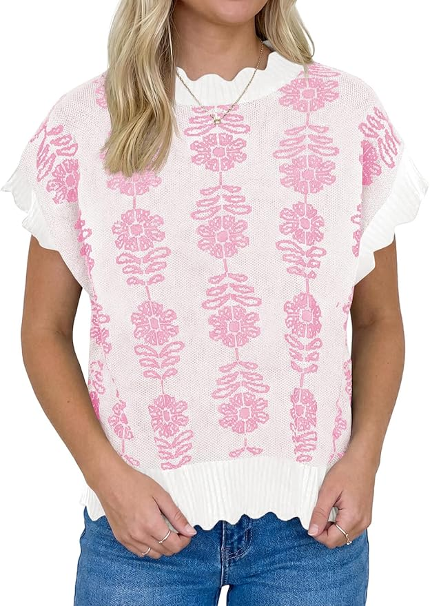 Scallop Trim Floral Sweater