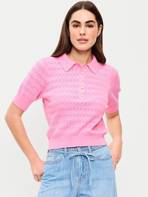 Pointelle Polo Short Sleeve Sweater