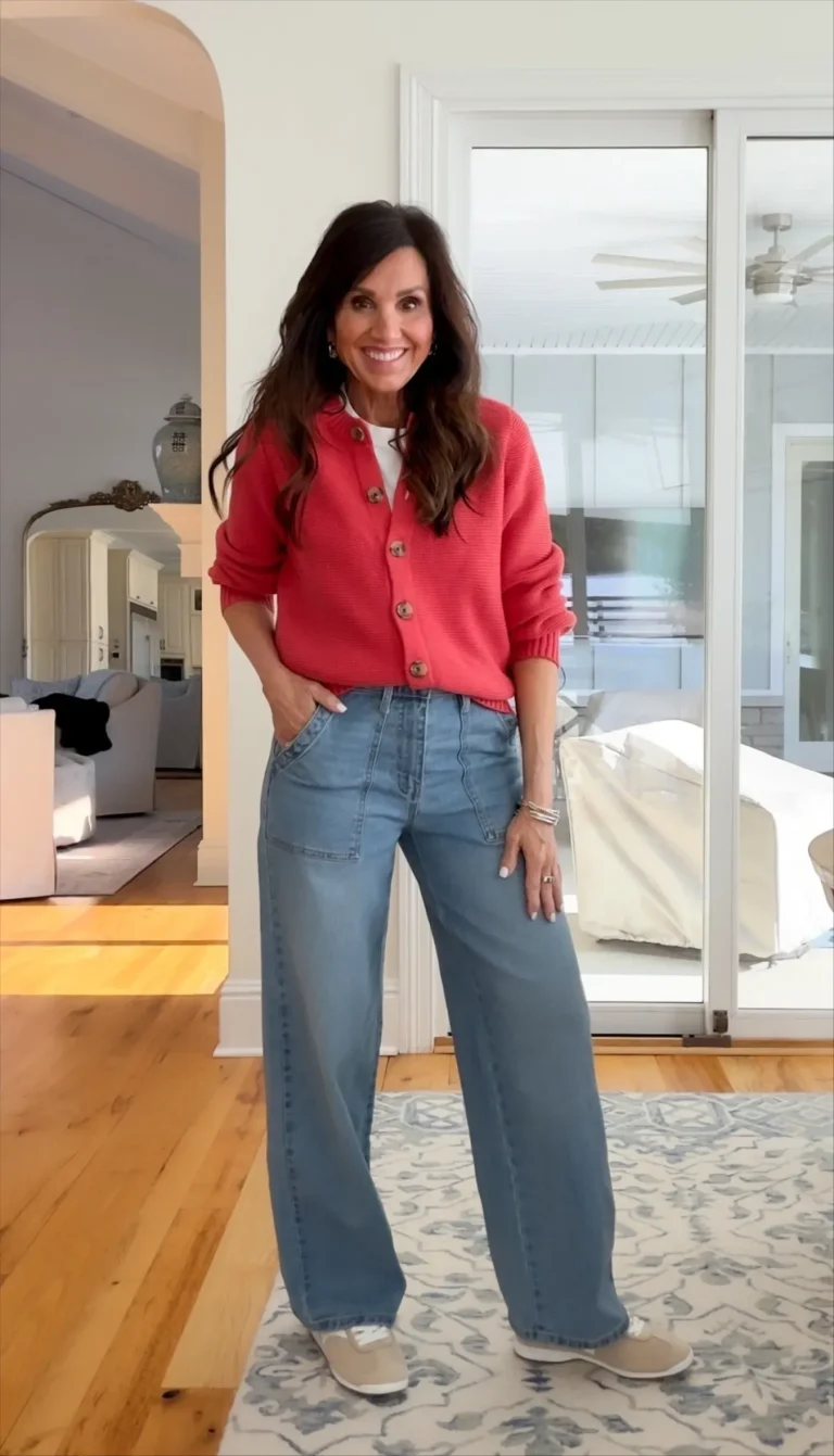 Cyndi wearing cardigan sweater and utility trouser jeans. 