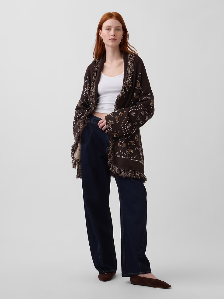 Cotton-Blend Fringe Shawl Cardigan in Bandana Paisley