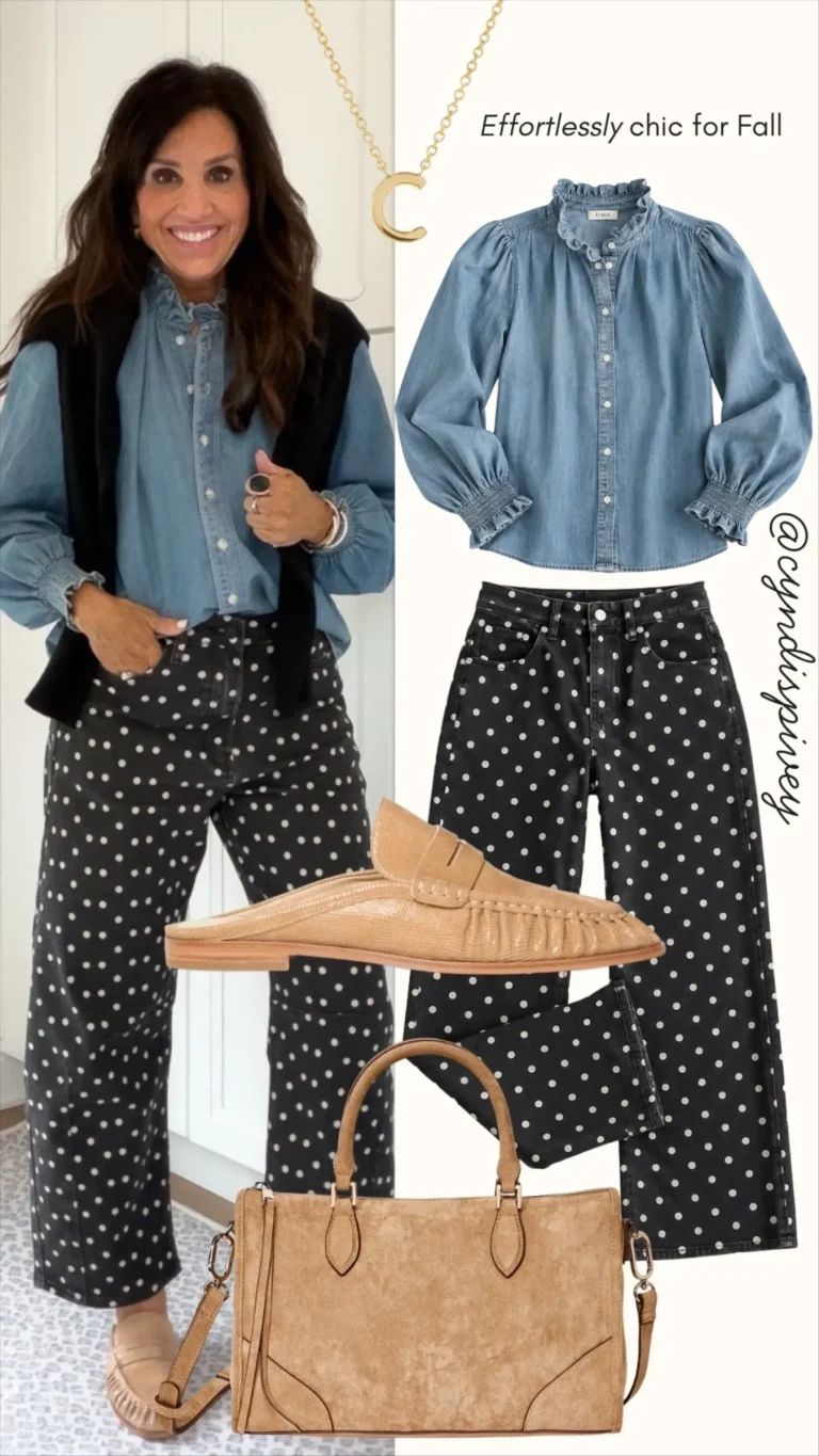 Cyndi Spivey with a fall outfit with ruched mules